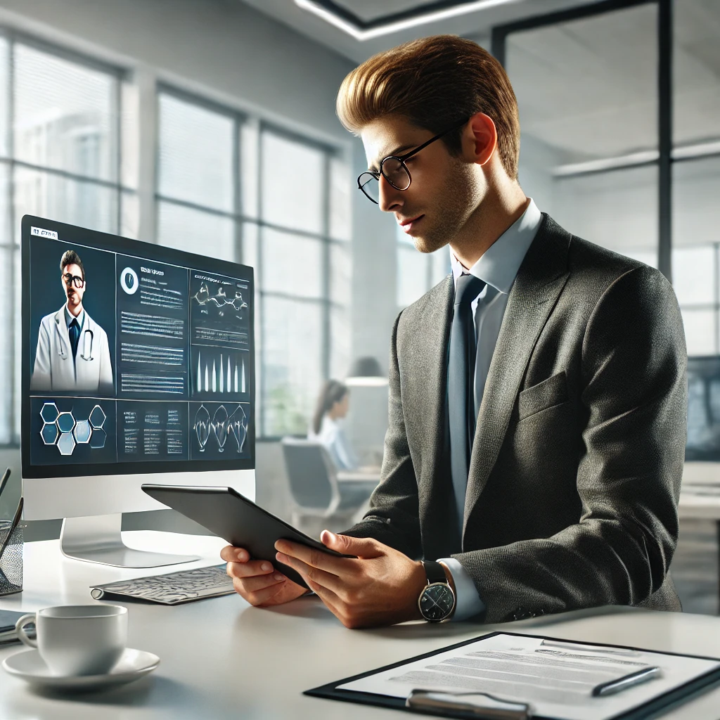 A healthcare professional is reviewing digital documents on a tablet